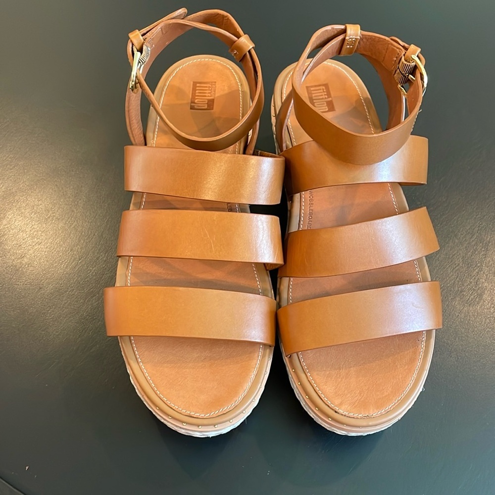 NWT FitFlop ELOISE light tan Espadrille Leather Wedge Back Strap Sandals Size 10 - Picture 3 of 12
